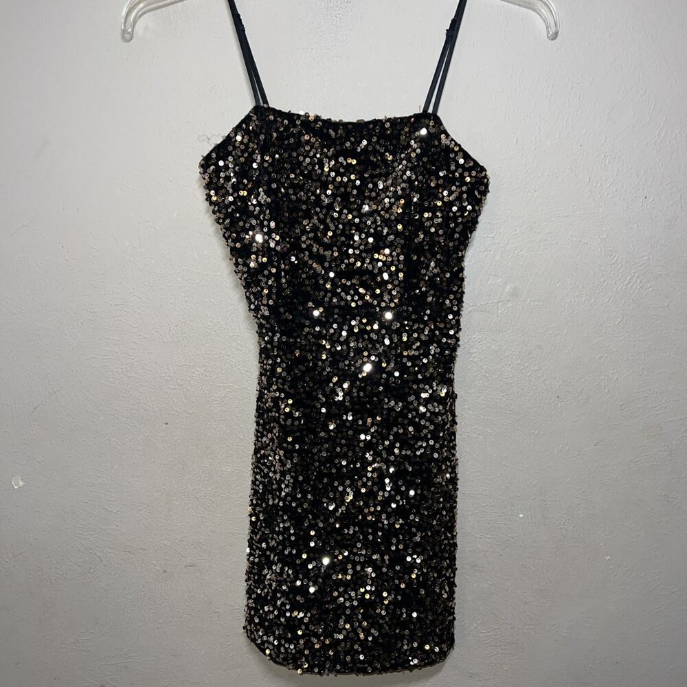 Crystal Sky Gold Sequin Mini Dress XS Black Metallic Spaghetti Strap Party Glam - Picture 2 of 14